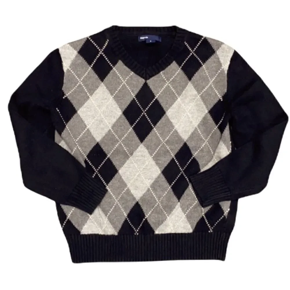 GapKids Black/Gray Argyle V-Neck Sweater Small